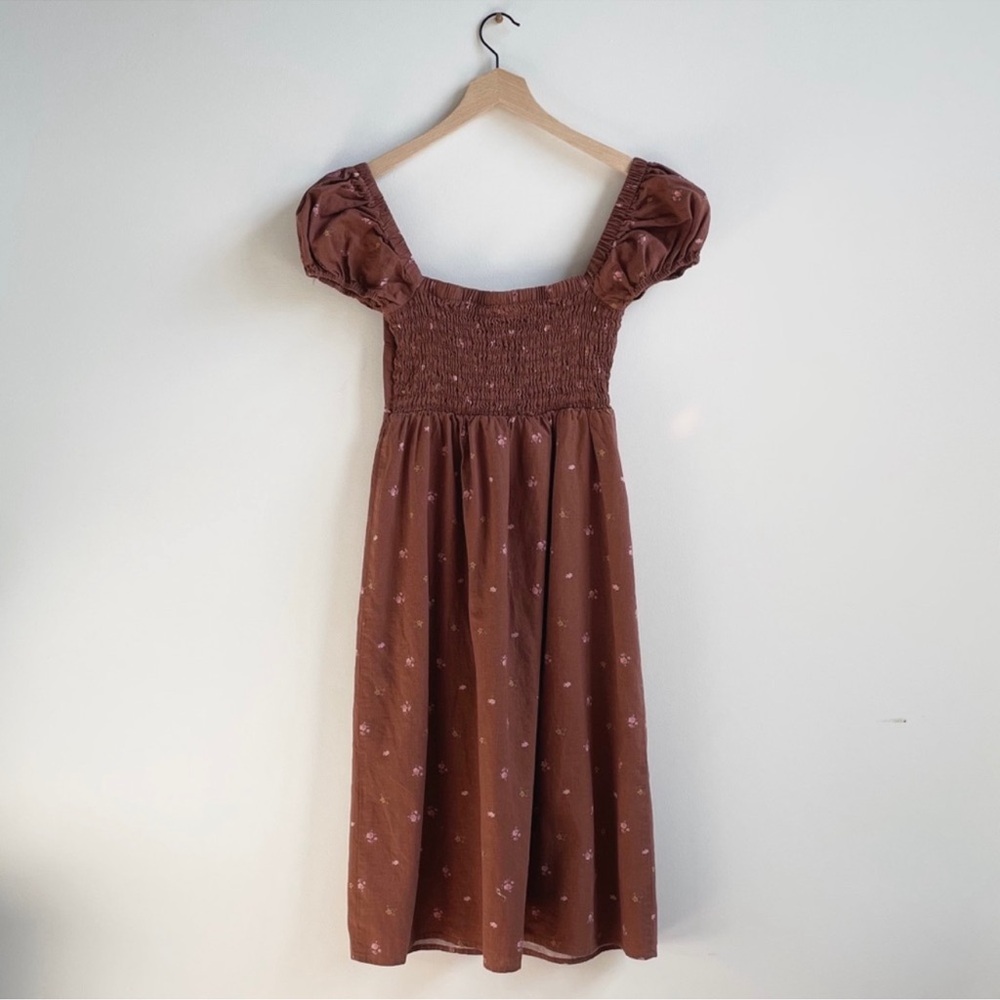 Altar’d State Brown Floral Linen Milkmaid Midi Dress Size Medium - Picture 2 of 6